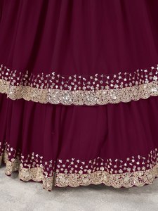 Burgundy Georgette Lehenga Choli Set Zari <b>Sequin</b> Embroidered <b>Flared</b> Skirt and Crop Top for Wedding Party - Product Image 6