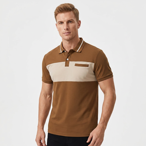 Polo pour homme en maille tricolore marron à manches courtes, décontracté, avec poche - Product Image 6