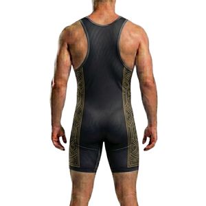 Combinaison de lutte pour hommes en tissu nylon hautement élastique noir et or, vêtements de musculation, combinaison de musculation en polyester à séchage rapide - Product Image 2