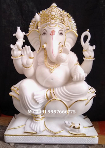 Beautiful Pure Makrana White Marble <b>Religious</b> Lord Ganesh Sitting On Singhasan <b>Statue</b> For Wholesale And Export - Product Image 4
