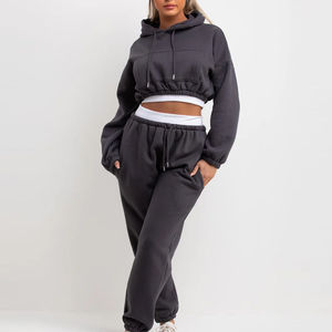 Conjunto deportivo de 2 piezas para mujer, sudadera corta con capucha y pantalones jogger, atuendo informal para estar en casa - Product Image 2