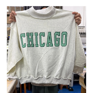 Hot Sale Chicago Gingham Patchwork <b>Letter</b> <b>Applique</b> Mock Neck Sweatshirt Women's Cotton Blend Turtleneck Autumn Style - Product Image 3
