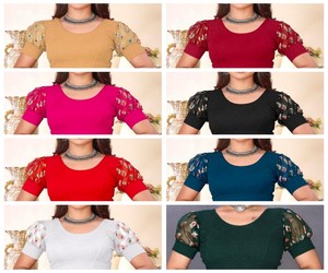 Chemisier rouge à col rond avec manches bouffantes imprimées et brodées pour femme, tenue décontractée d'été, sur mesure, 78103 - Product Image 2