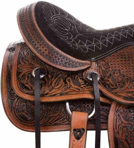 Silla de montar western ABAAN International de cuero marrón premium con grabado floral y estructura de madera con tejido de cesta - Product Image 6