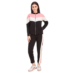 Women's <b>Black</b> Color Blocking Tracksuit Set Crew Neck Full Sleeve Elastic Waist <b>Pants</b> Casual Autumn Wear - Product Image 1