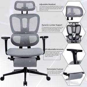 Chaise de bureau ergonomique avec repose-pieds, dossier haut, soutien lombaire dynamique, appuie-tête 2D réglable, accoudoirs 2D réglables, pivotante - Product Image 3