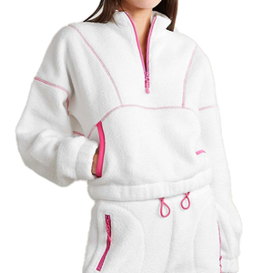 Women White Fleece Tracksuit With Pink Trim Quarter-Zip <b>Hoodie</b> And Side Pockets Casual Winter Wear Full Length Loose Fit - Product Image 2