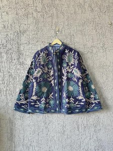 Blue Embroidered Suzani Velvet Short Jacket Statement Outerwear Coat Velvet Blazer Unisex Jacket Gift For <b>Wife</b> Bridal Jacket - Product Image 2