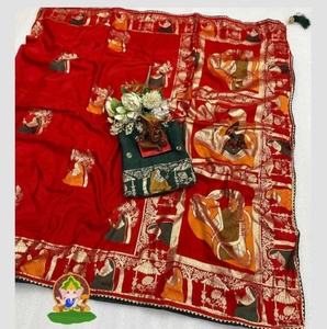 KV Embroidered, Floral Print, Woven Chanderi Pure Silk <b>Saree</b> (<b>Red</b>) - Product Image 2