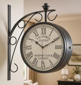 Victoria Station Railway Wall <b>Clock</b> Round Black Metal Analog Quartz Hanging Traditional Style for Living Room - Product Image 2