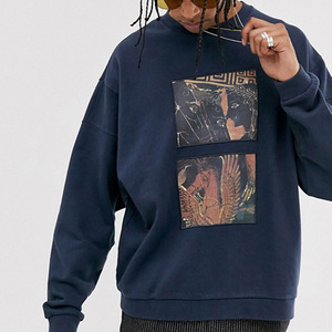 <b>Men's</b> Oversized Navy Blue Crewneck Sweatshirt With Front Print Regular Fit Knitted Cotton Casual <b>Pullover</b> Autumn Style - Product Image 4
