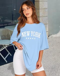 T-shirt décontracté en jersey de coton bleu clair à col rond et manches courtes pour femme, coupe ample, avec imprimé étoile de New York, idéal printemps-été - Product Image 5