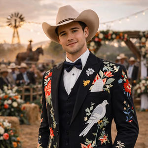 Blazer noir brodé de fleurs et d'oiseaux pour homme – Veste de costume de créateur pour mariage et soirée - Product Image 1