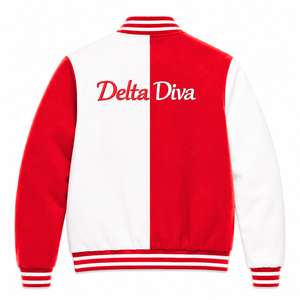 Veste universitaire personnalisée Delta Sigma Theta Sorority, rouge et blanche, manches longues, boutons sur le devant, col à revers, logo brodé, coton. - Product Image 2