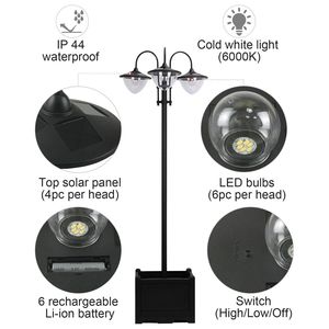 Lampione Solare a 3 Teste da 189 cm con Fioriera, Accensione Automatica, Illuminazione LED Fino a 6 Ore, Nero, per Esterni - Product Image 6