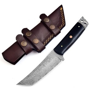 Couteau Tanto à lame fixe en acier Damas de qualité industrielle OEM, manche en corne de taureau, fourreau de transport Scout, lame pleine longueur, pour Bushcraft et Chasse - Product Image 3