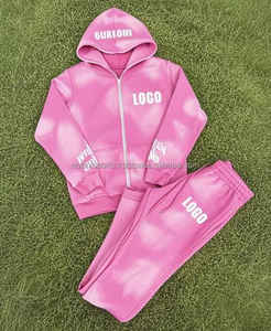 2025 Custom Men's Winter Tracksuit Set Acid Wash Zipper Puff Print Hooded Flare Sweatpants Hoodie with Solid Pattern Jogging - Product Image 2
