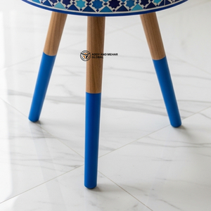 Handcrafted Blue Decorative <b>Stool</b> – <b>Round</b> Wooden Seating for Living Room Stylish Modern Accent Furniture - Product Image 4