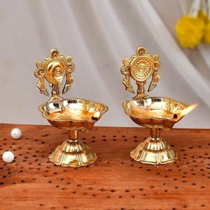 Decorative Brass Diya Stand Set with Traditional Back Motif, Multi Wick Oil <b>Lamp</b> for Home Temple, Puja Rituals and Festive Decor - Product Image 6
