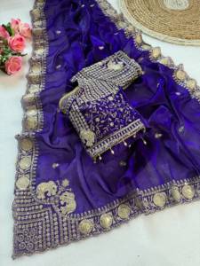 Indian Traditional Ethnic Satin Silk Saree with Embroidery <b>Sequins</b> Work for Wedding Occasion and Festive Function for Women Wear - Product Image 2