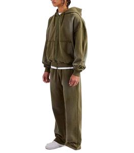 Chándales de lavado ácido de invierno de alta calidad 100% algodón de manga larga ropa de calle hombres hombro caído desgastado cremallera chándales - Product Image 5