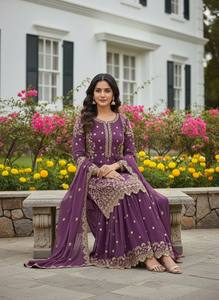 Ensemble Anarkali en Faux Georgette Brodé Violet à Séchage Rapide avec Dupatta, Tenue Traditionnelle Indienne et Pakistanaise pour Mariage, Coupe Classique - Product Image 2