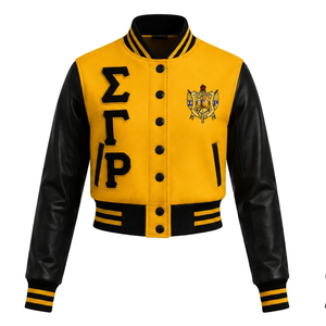 เสื้อแจ็คเก็ตครอปซิปสำหรับผู้หญิง Sigma Gamma Rho ผ้าซาติน สไตล์ลำลอง บอมเบอร์ เสื้อนอกสุดเท่ ชุดนักเรียนหญิง ชุดลำลองแนวสตรีทแวร์ พร้อมโลโก้แบบกำหนดเอง - Product Image 1