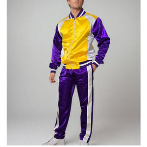 Nuevo conjunto deportivo de dos piezas de satén para hombre, cómodo, para uso diario informal, con bloques de color y logotipo bordado personalizado, conjunto para correr. - Product Image 2