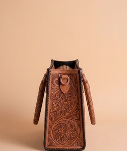 Hand Carved Genuine Leather Bohemian <b>Summer</b> Shoulder Bag Embroidery Braided Handles Floral Pattern Eco-Friendly Tote <b>Handbag</b> for - Product Image 2