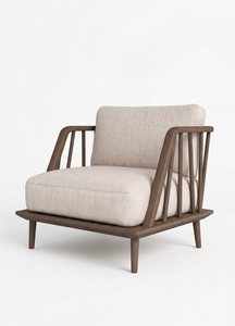 Fauteuil lounge scandinave Mikkeli blanc, structure en bois massif Mindi avec coussin en mousse et tissu pour salon, hôtel et appartement - Product Image 2