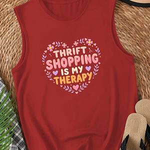 Débardeur décontracté pour femme avec imprimé cœur « Le shopping de seconde main est ma thérapie », gilet sans manches en tricot de polyester et élasthanne, col rond D - Product Image 5