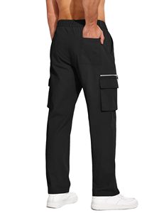Pantalon cargo noir pour homme SANGLASPORTS, taille élastique, plusieurs poches, coupe droite décontractée, respirant, imperméable, poids moyen, tricoté - Product Image 3