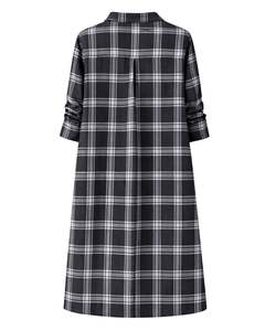 Vestido Camisero a Cuadros Negro Personalizado para Mujer, Manga Larga, Cierre de Botones, Midi, Casual, Holgado, de Algodón Tejido, con Bolsillos, para Uso Diario - Product Image 2