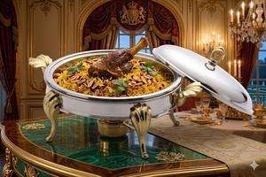 Round Stainless Steel Chafer with Gold <b>Legs</b> Food <b>Warmer</b> Serving Dish for Restaurant Banquet Use - Product Image 2