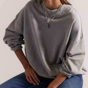 Sweat-shirt décontracté oversize à col montant et épaules tombantes pour femme, en mélange de coton tricoté, couleur unie, manches longues, grandes tailles, collection automne - Product Image 1