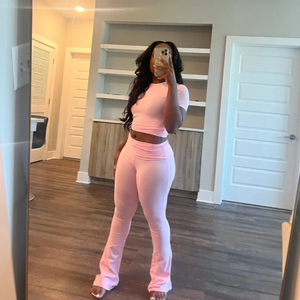 Women's 2 Piece <b>Knitted</b> <b>Set</b> Crew Neck Short Sleeve Top Full Length Flared Pants Solid Color Minimalist Style All Seasons Wear - Product Image 3