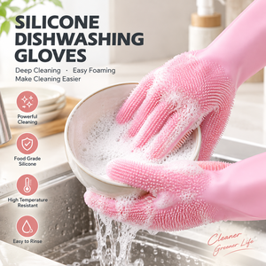 Gants de nettoyage en silicone rose à cinq doigts, gants de lavage flexibles pour le nettoyage domestique et la vaisselle de cuisine - Product Image 2