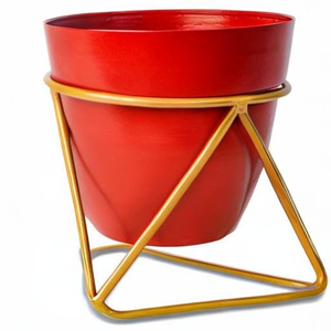 Red <b>Metal</b> Flower Planter Pot with Iron <b>Stand</b> Modern Elevated <b>Plant</b> Holder for Stylish Indoor Garden Decor - Product Image 5