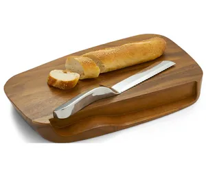 Wooden <b>Bread</b> Board with Stainless Steel <b>Knife</b> Storage Slot Rectangle Serving Platter for Cheese Fruit and Snacks Minimalist - Product Image 1