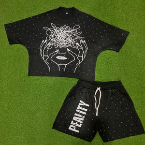 Custom Manufacture Wholesale Digital Printed Vintage High Street Print Tees T-Shirt Trendy Short Sleeve 100% Cotton Shorts <b>Set</b> - Product Image 1