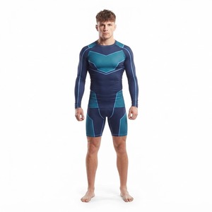 Ensemble haut et short de compression à manches longues pour homme, couleur marine et orange, blocs de couleurs, évacuation de l'humidité, coupe ajustée, vêtements de MMA - Product Image 2