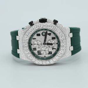 Montre de luxe en diamant naturel brillant, argent sterling 925 massif et bracelet en caoutchouc de couleur verte pour homme - Product Image 2