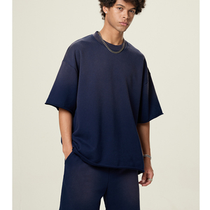 Camiseta de algodón grueso lisa extragrande con parche bordado desgastado, lavado ácido, de secado rápido, estilo urbano de verano para hombre, personalizable - Product Image 5