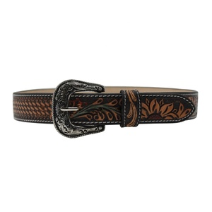 Cinturón de Cuero Premium Hecho a Mano con Diseño Floral de Cesta Tejida, Hebilla Antigua Estilo Western, Cinturón de Moda para Hombre - Product Image 1