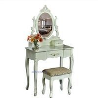Mesa de tocador antigua francesa con exquisito espejo de madera hecho a mano como la realeza para uso en apartamentos y hoteles, función de almacenamiento de pie