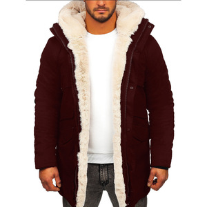 Chaqueta de piel sintética cálida Abrigo Parka con capucha Hombres Otoño Invierno Manga larga Moda Casual Cremallera Chaquetas de color sólido-Borgoña, XXL - Product Image 1