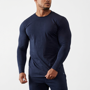<b>Men's</b> Long Sleeve O-Neck Quick Dry Sporty T-<b>Shirt</b> Slim Fit Solid <b>Navy</b> <b>Blue</b> Knitted 100% Polyester - Product Image 4