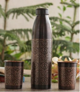 Bouteille en cuivre pur, bouteille en cuivre ayurvédique, bouteille en cuivre gravée, bouteille d'eau en cuivre martelé, bouteille en cuivre avec verre - Product Image 1