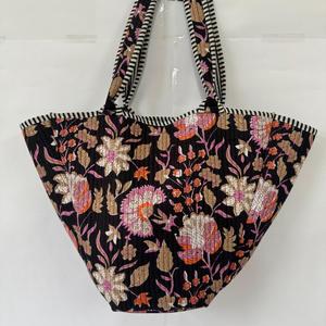 Bohemian Black Floral Quilted Cotton Tote Bag Women Handmade Large Capacity Shoulder Purse - Product Image 3