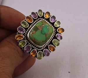 Anillo de Plata de Ley 925 con Turquesa Verde Natural y Múltiples Piedras Preciosas, Anillo de Piedras Mixtas, Estilo Vintage, Colorido - Product Image 6